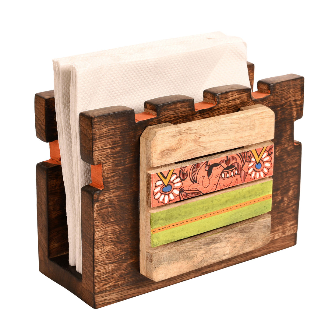 Tissue Holder Handcrafted in Wood with Tribal Art (7x3x5")