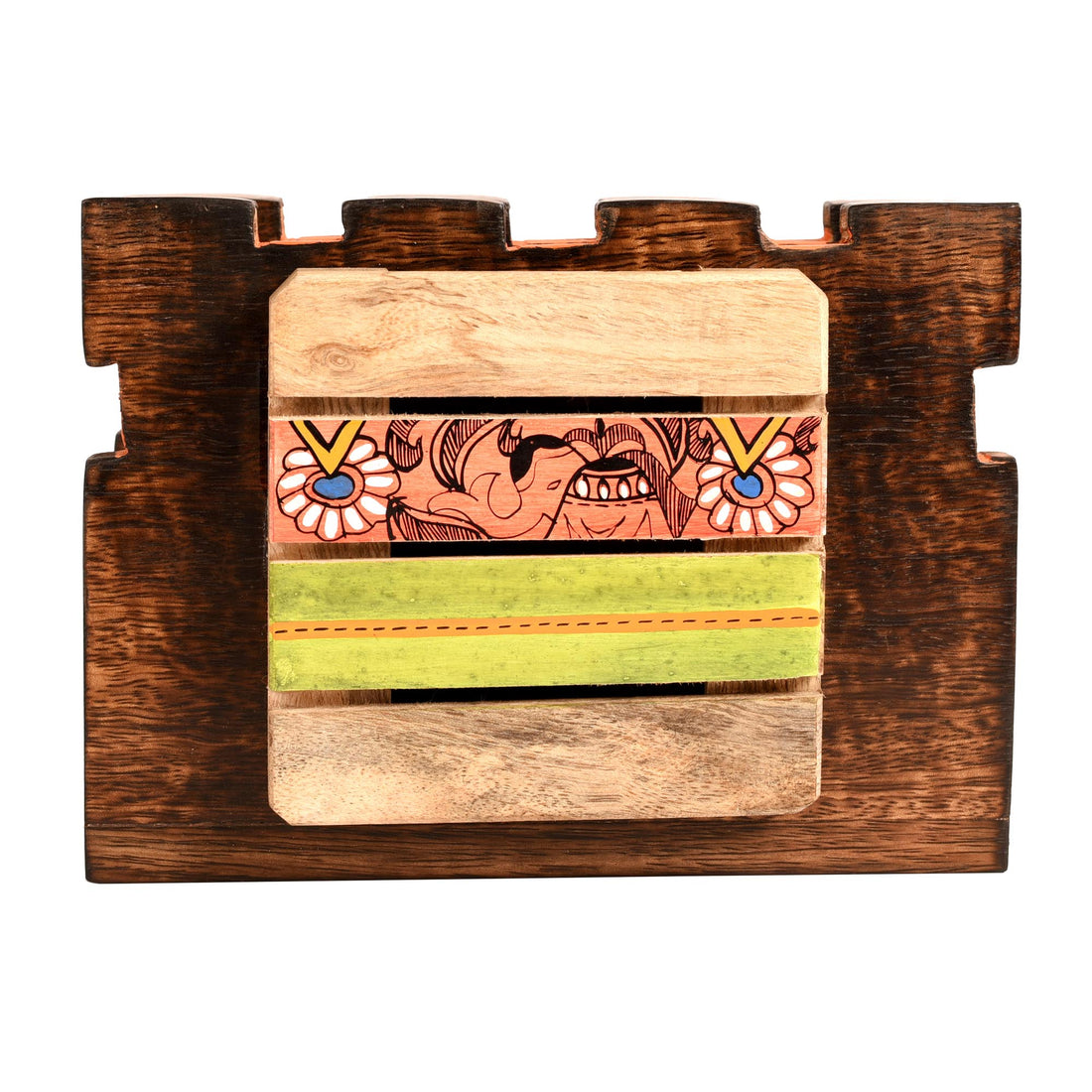 Tissue Holder Handcrafted in Wood with Tribal Art (7x3x5")