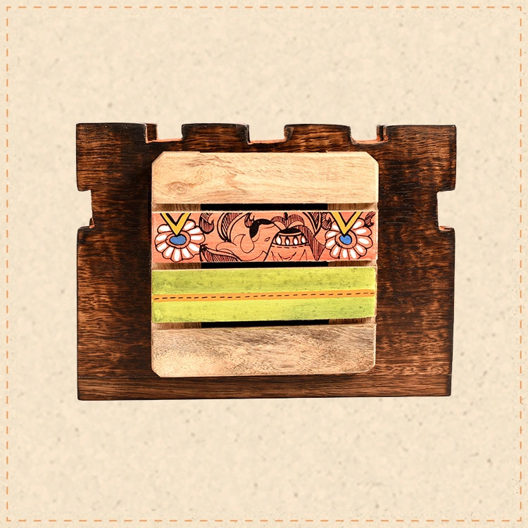 Tissue Holder Handcrafted in Wood with Tribal Art (7x3x5")