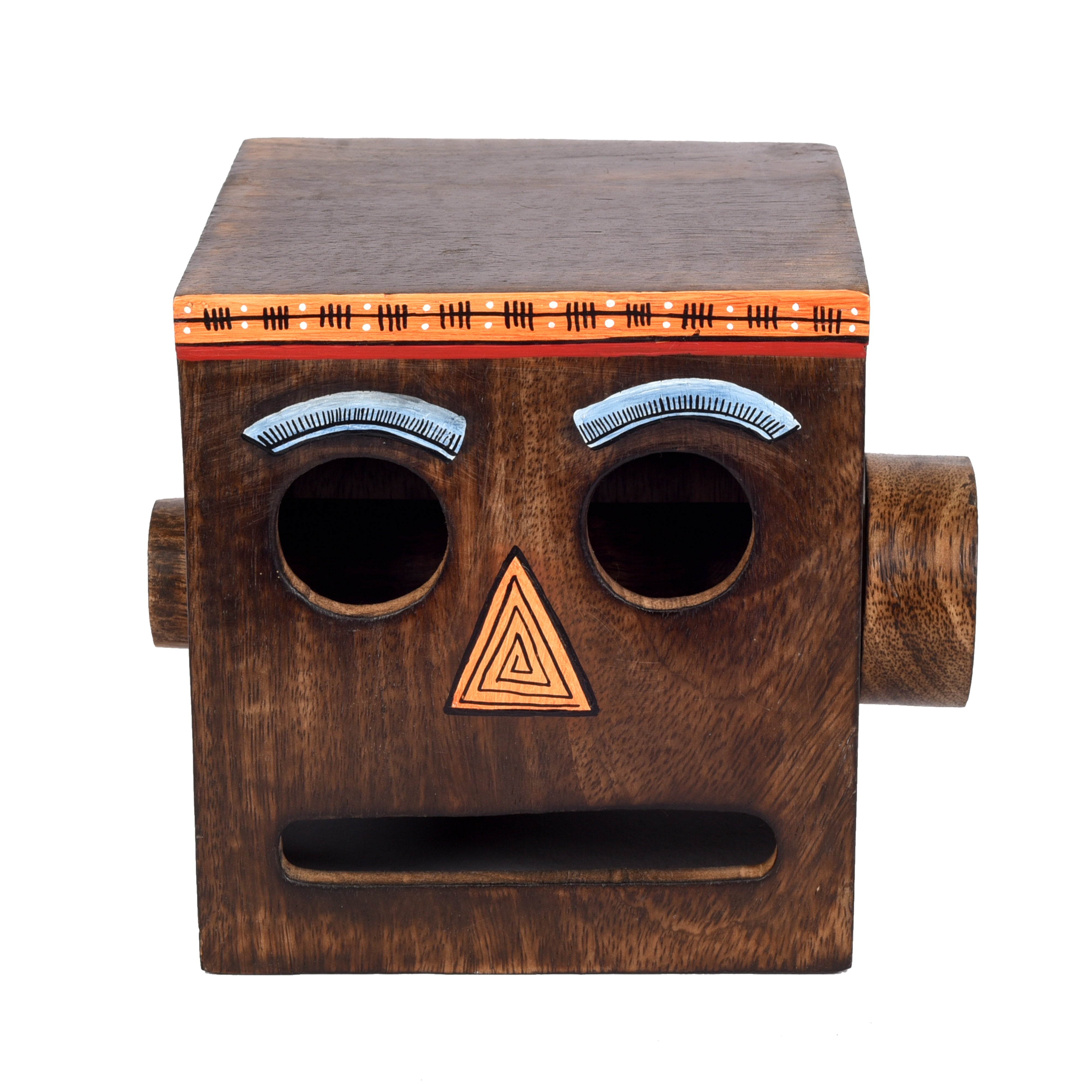 Mango Wood Robot Face Toilet Roll Holder, Brown Colour, 6.5 x 5 x 4.5 inches