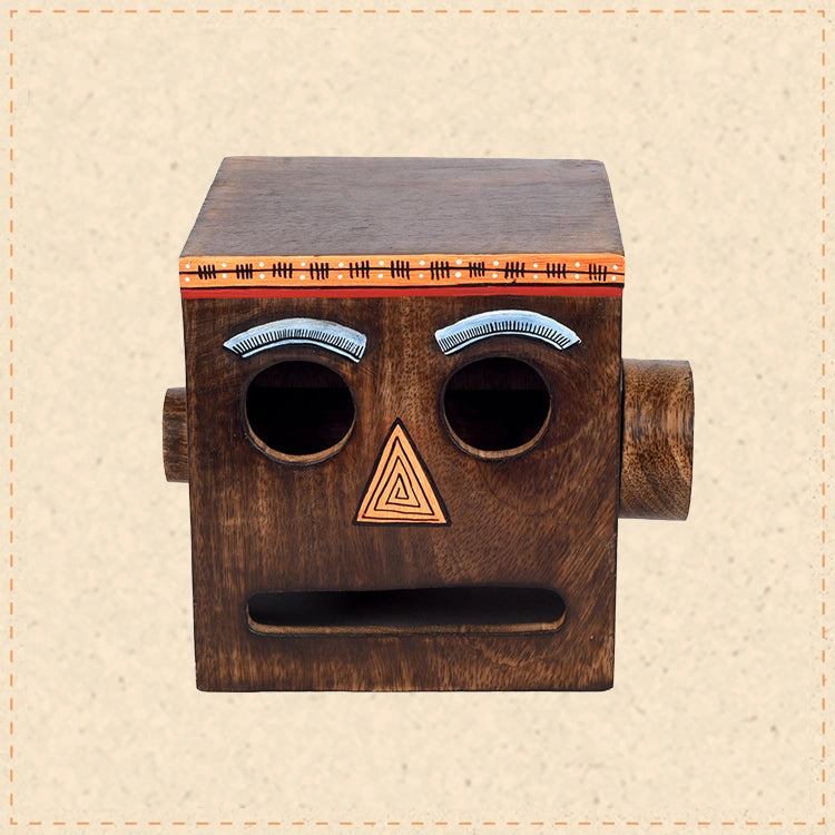 Mango Wood Robot Face Toilet Roll Holder, Brown Colour, 6.5 x 5 x 4.5 inches