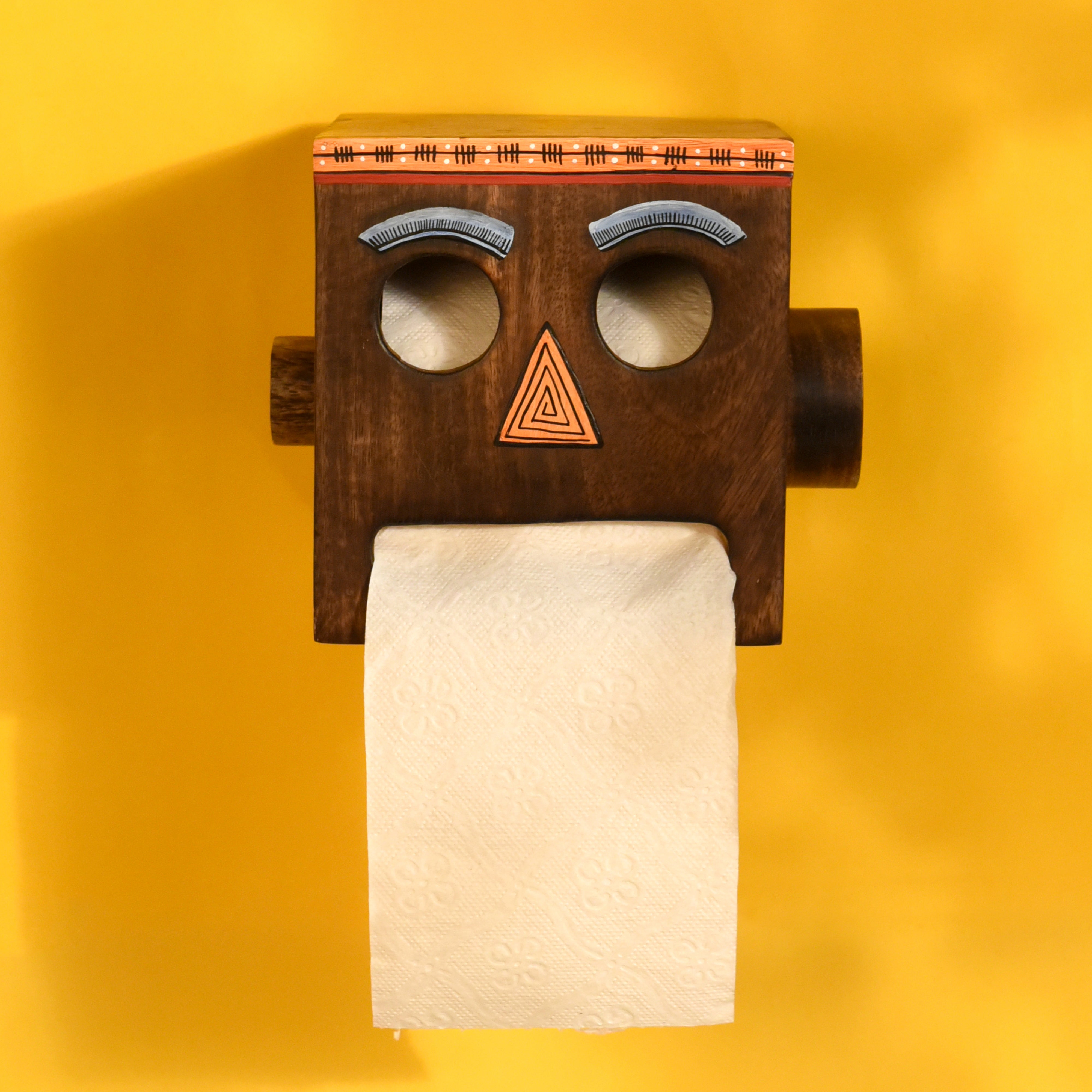 Mango Wood Robot Face Toilet Roll Holder, Brown Colour, 6.5 x 5 x 4.5 inches