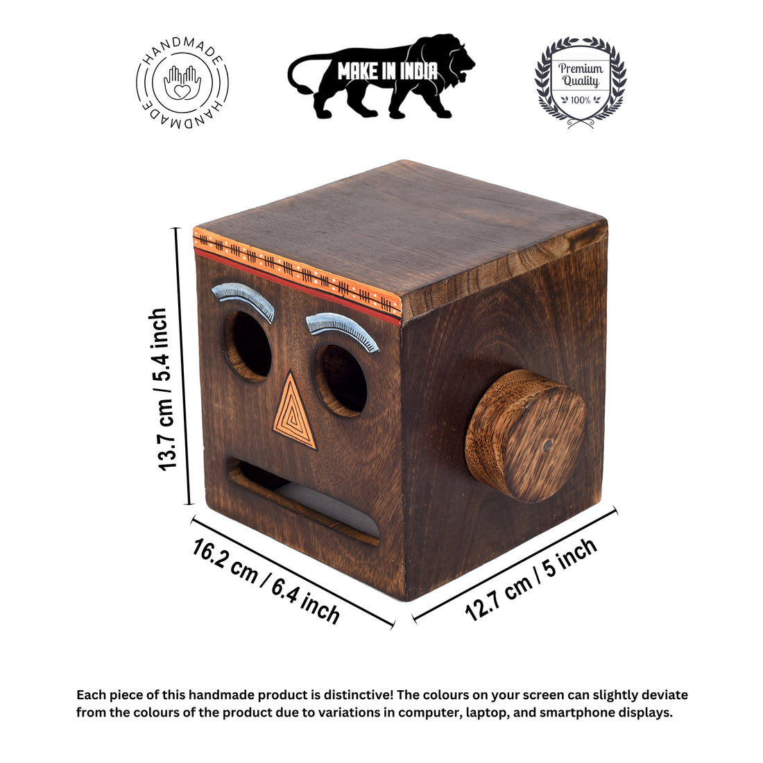 Mango Wood Robot Face Toilet Roll Holder, Brown Colour, 6.5 x 5 x 4.5 inches