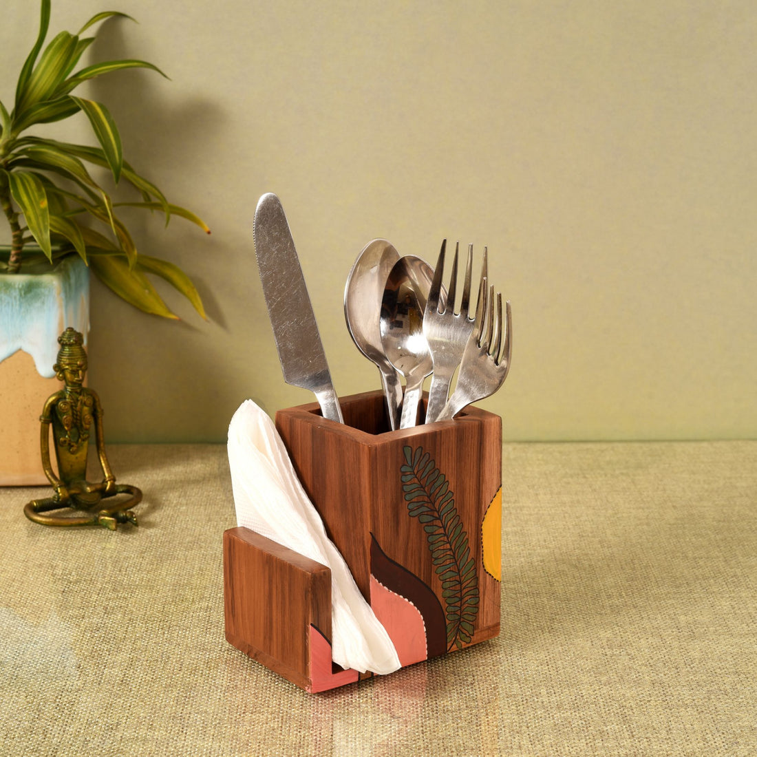 Teak leaves cutlery holder small (4.5x3x4.5)