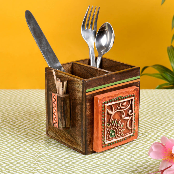 Cutlery Holder Handcrafted in Wood with Tribal Art (4.5x4x4")