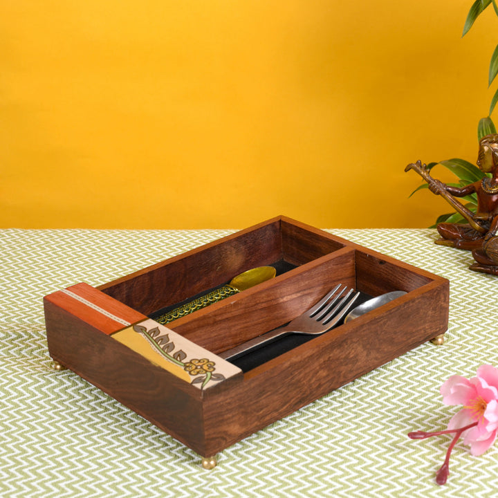 Cutlery Holder Handcrafted in Wood with Flower Motif (9x7x2.2")