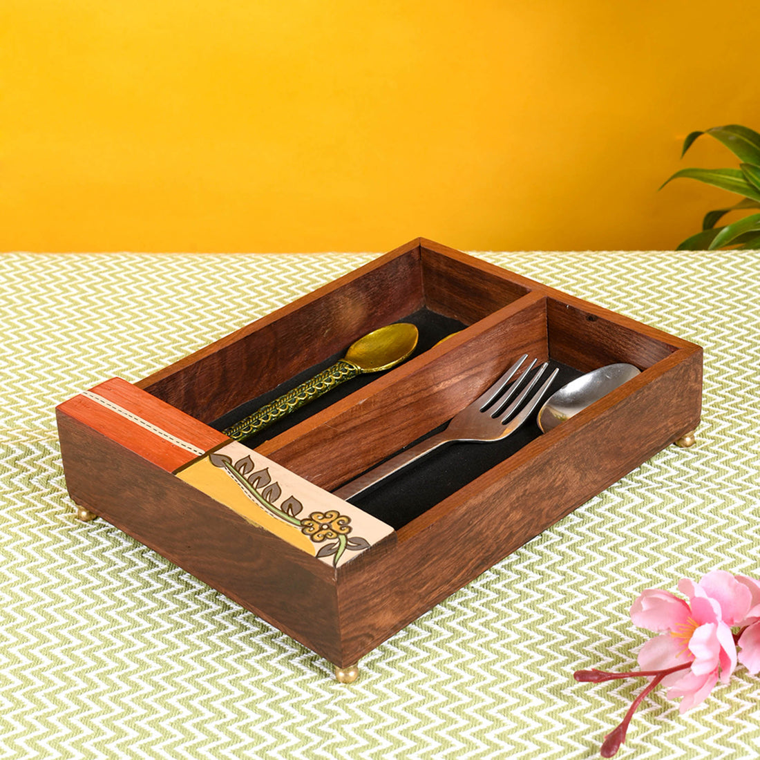 Cutlery Holder Handcrafted in Wood with Flower Motif (9x7x2.2")