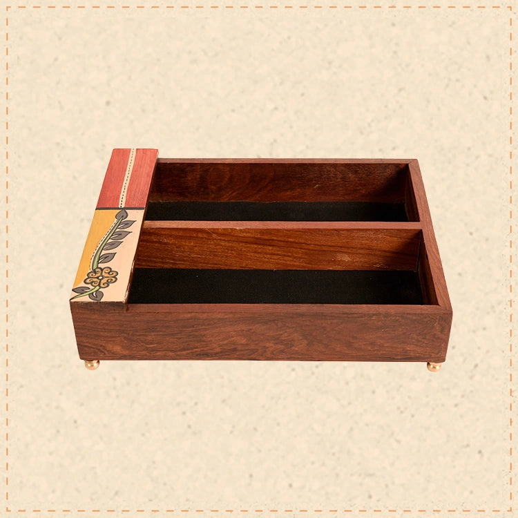 Cutlery Holder Handcrafted in Wood with Flower Motif (9x7x2.2")