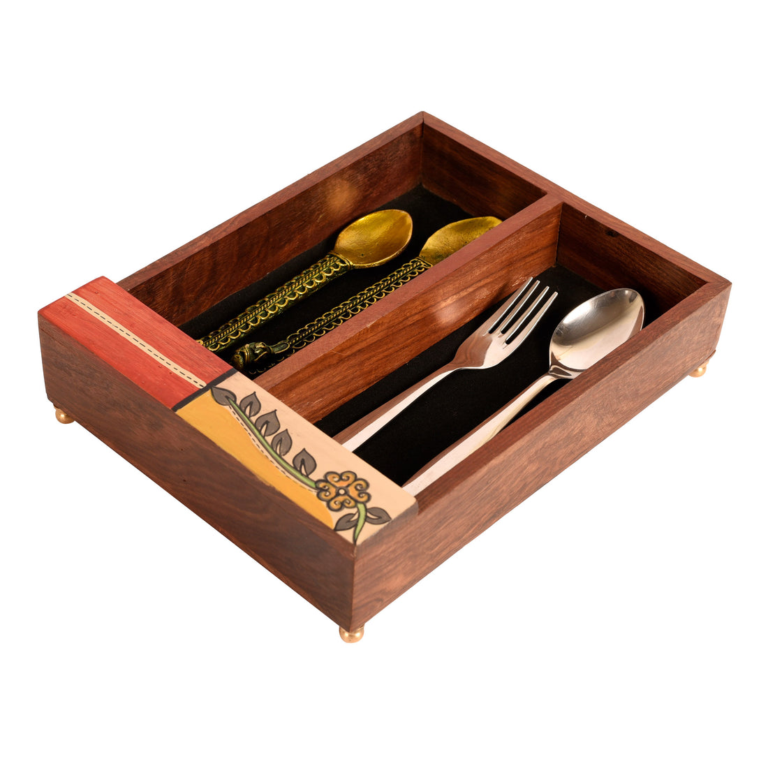 Cutlery Holder Handcrafted in Wood with Flower Motif (9x7x2.2")