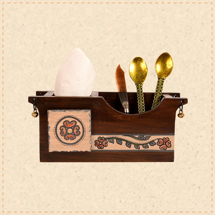 Cutlery Holder Handcrafted in Wood with Folk Art (9.2x3.3x4")