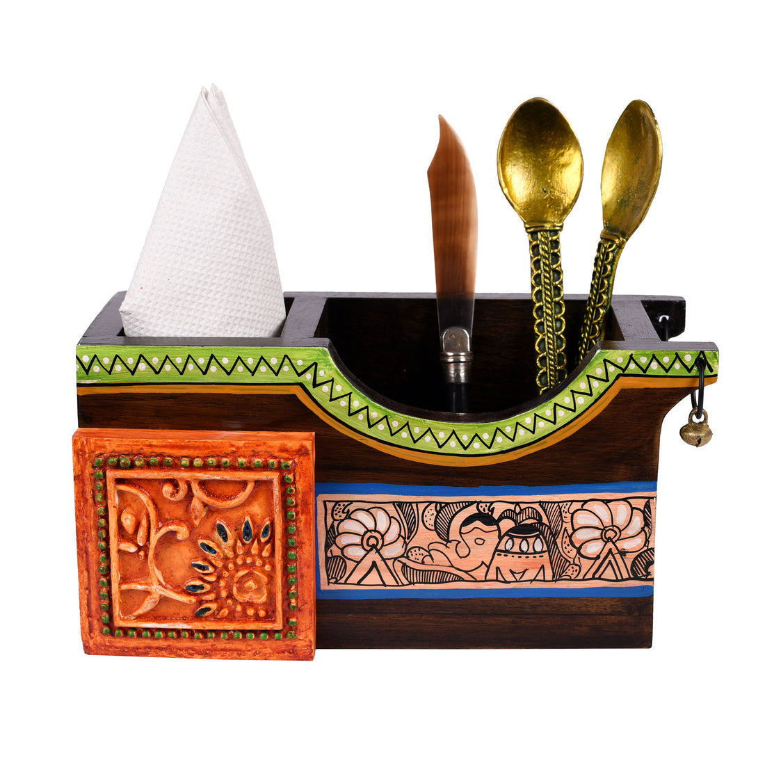 Cutlery Holder Handcrafted in Wood with Madhubani Art (8x3.5x4")