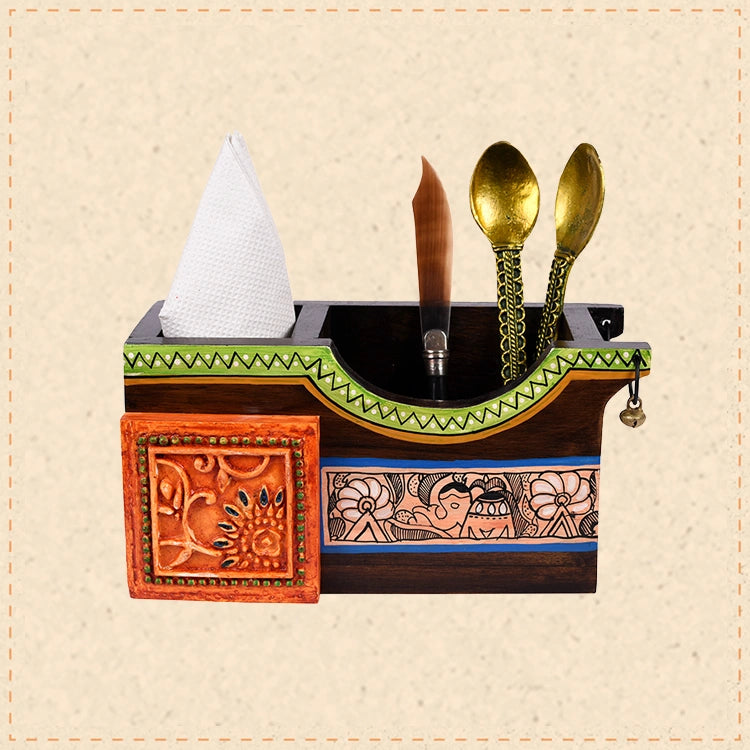 Cutlery Holder Handcrafted in Wood with Madhubani Art (8x3.5x4")