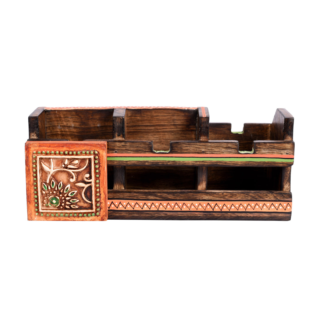 Cutlery Holder Handcrafted in Wood with Tribal Art (10x4x4")