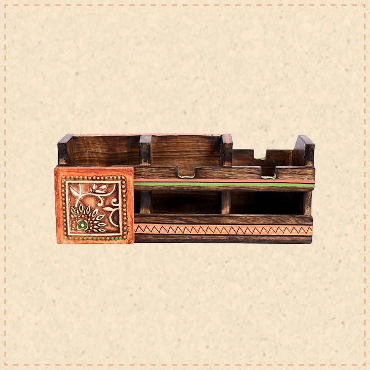 Cutlery Holder Handcrafted in Wood with Tribal Art (10x4x4")