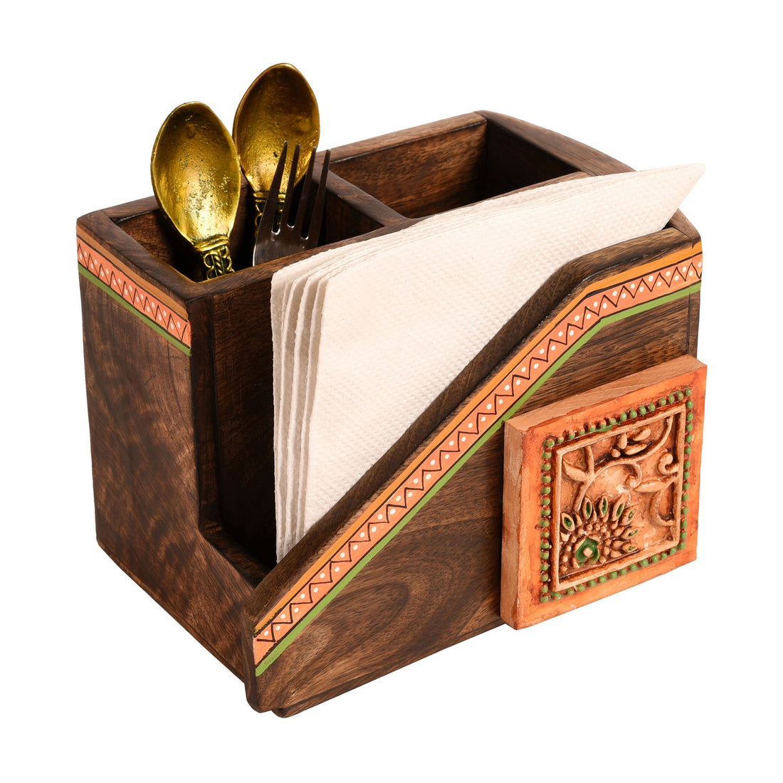 Cutlery Holder Handcrafted in Wood with Ceramic Tile (7.2x5x4.7")