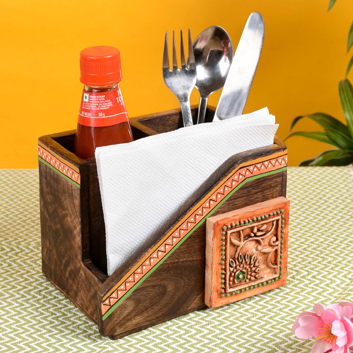 Cutlery Holder Handcrafted in Wood with Ceramic Tile (7.2x5x4.7")