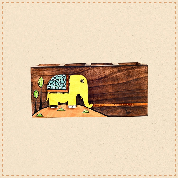 Hola Hand Painted Wooden Cutlery Holder, Artisan Organizer for Dining Table and Kitchen