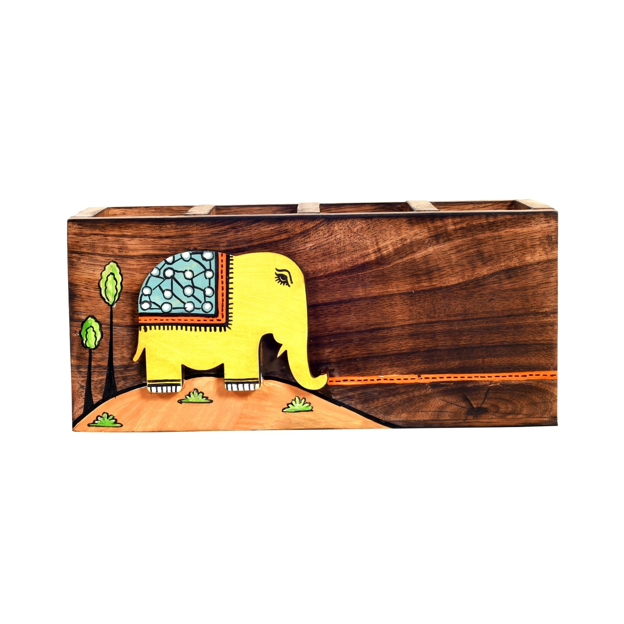 Hola Hand Painted Wooden Cutlery Holder, Artisan Organizer for Dining Table and Kitchen