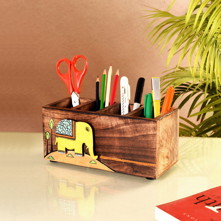 Hola Hand Painted Wooden Cutlery Holder, Artisan Organizer for Dining Table and Kitchen