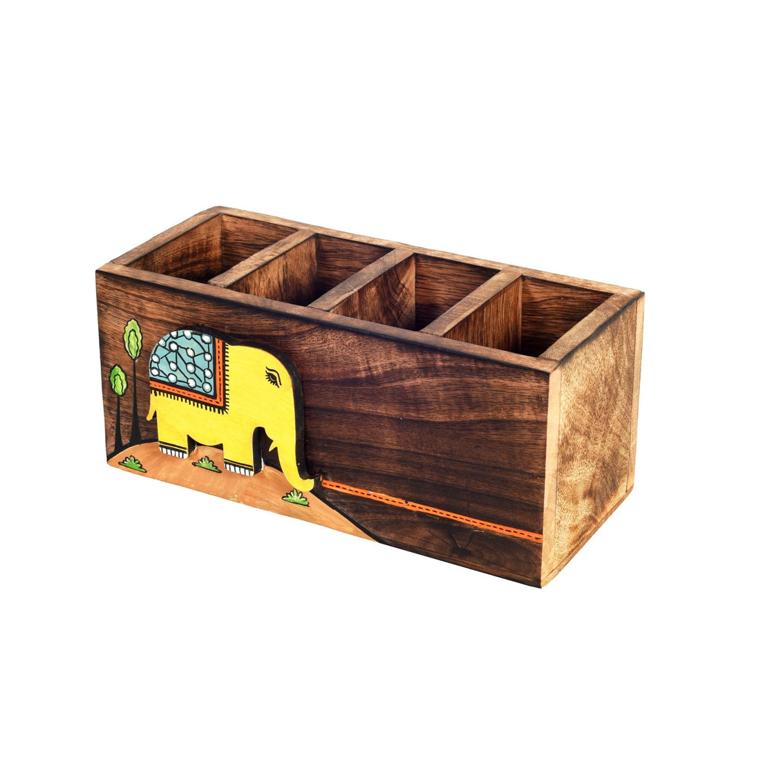 Hola Hand Painted Wooden Cutlery Holder, Artisan Organizer for Dining Table and Kitchen