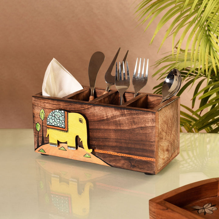 Hola Hand Painted Wooden Cutlery Holder, Artisan Organizer for Dining Table and Kitchen