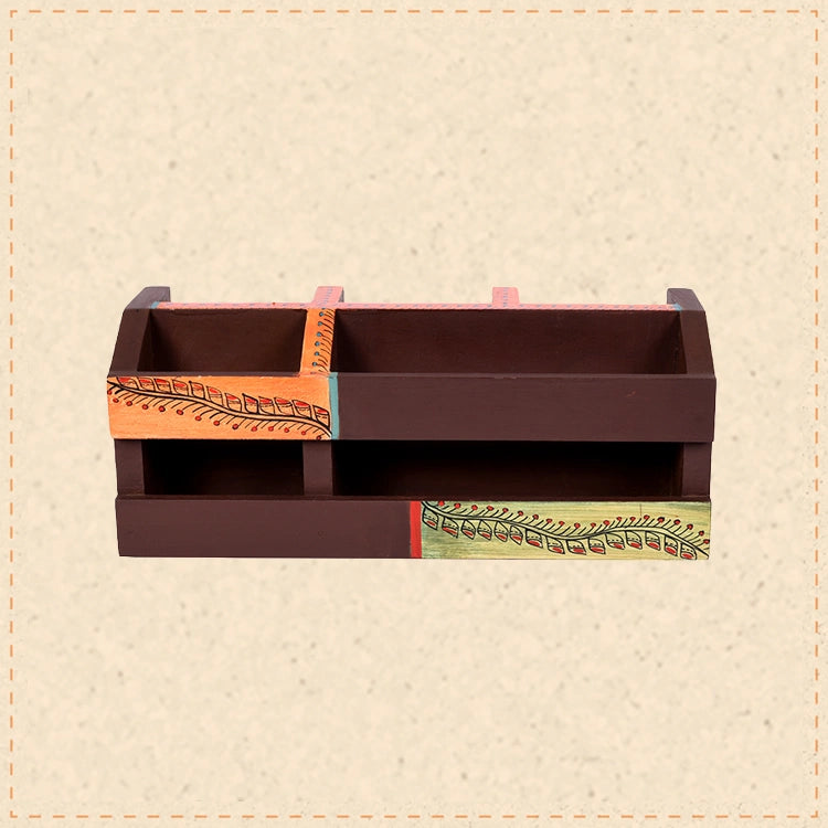 Cutlery Holder Handcrafted in Wood with Tribal Art (10x3.5x4")