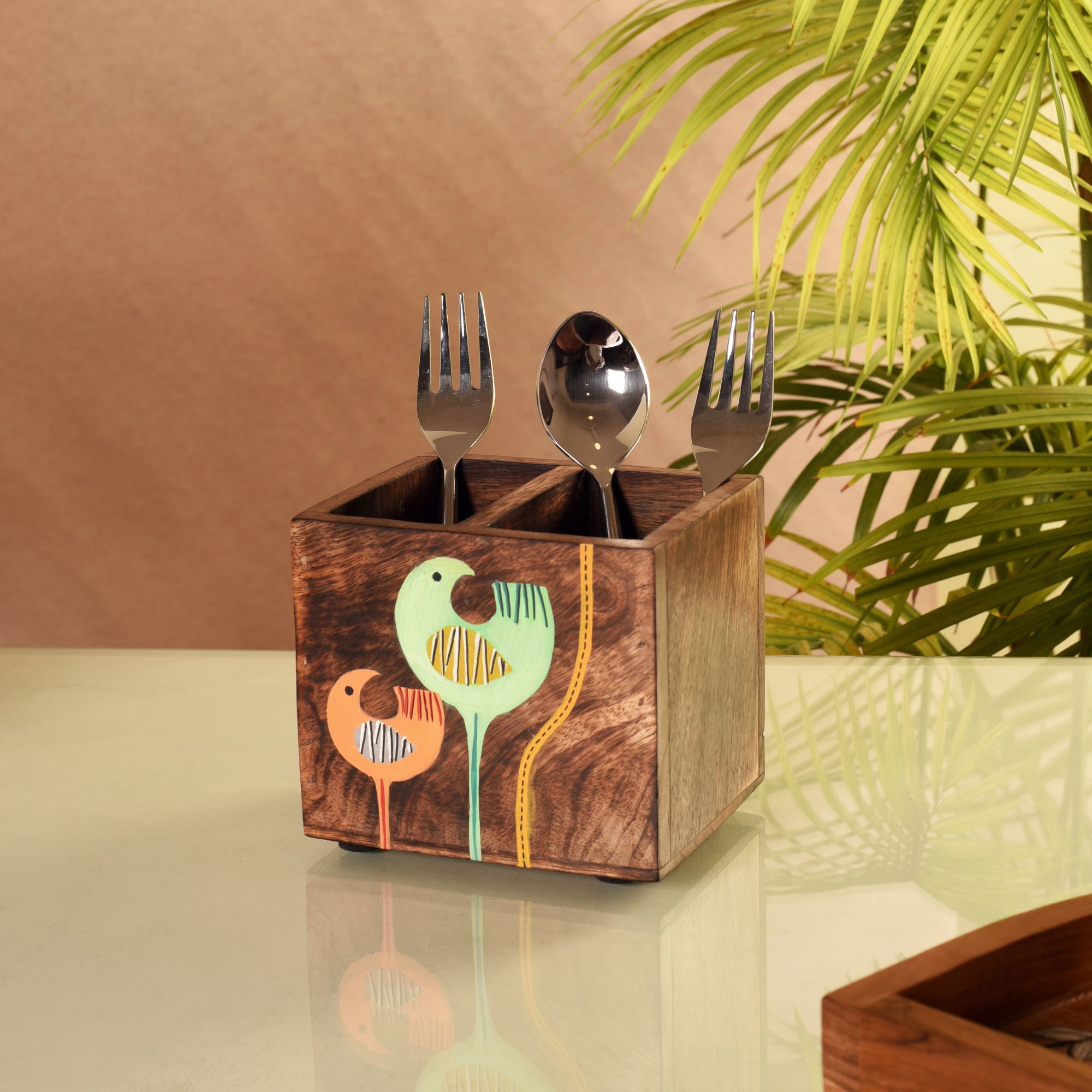 Luna & Leo Hand Painted Wooden Cutlery Holder, Stylish Organizer for Dining Table and Kitchen