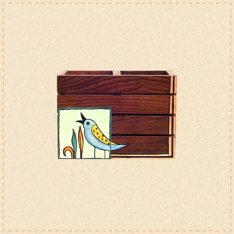 Kyoku Hand Painted Wooden Cutlery Holder, Compact Organizer for Dining Table and Kitchen