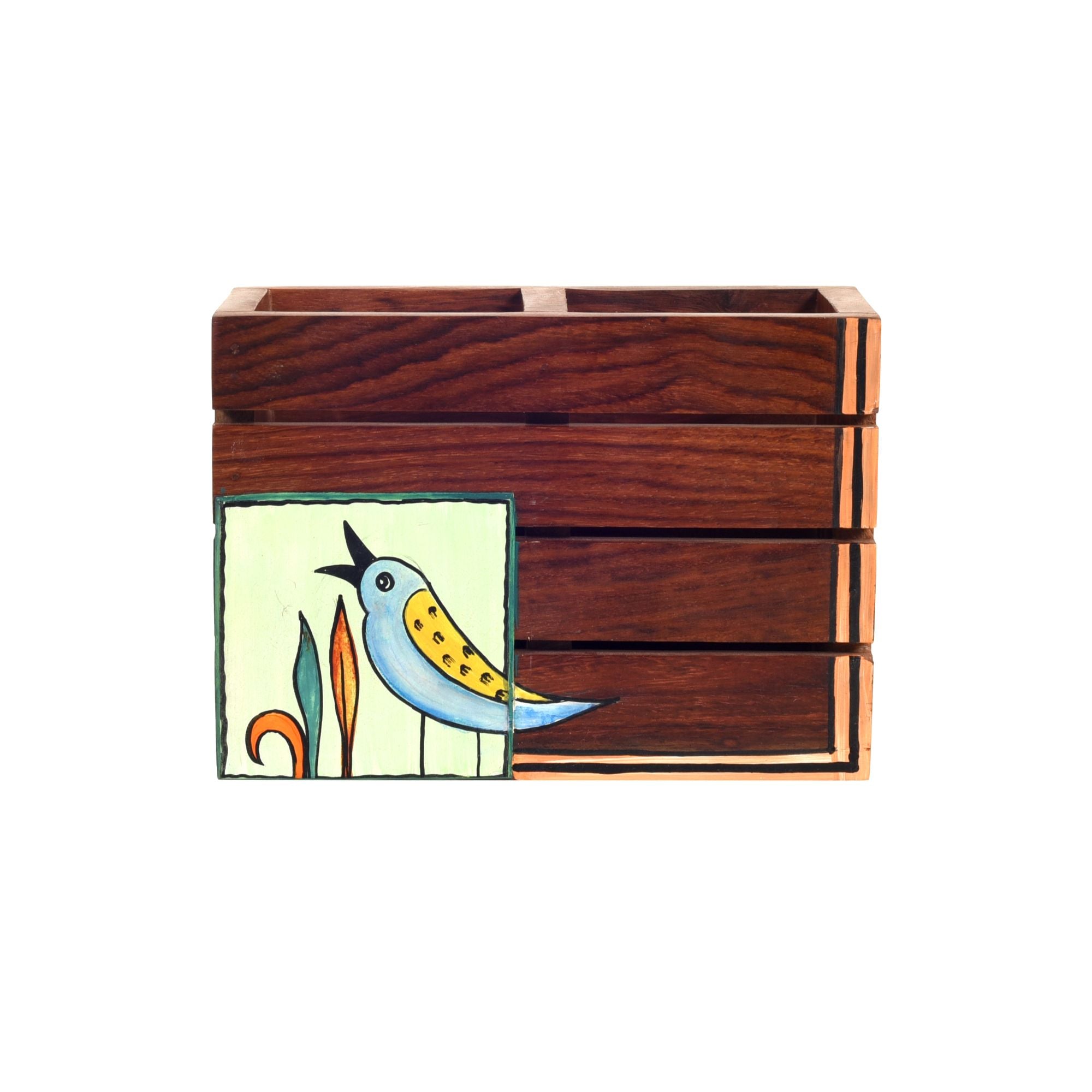 Kyoku Hand Painted Wooden Cutlery Holder, Compact Organizer for Dining Table and Kitchen