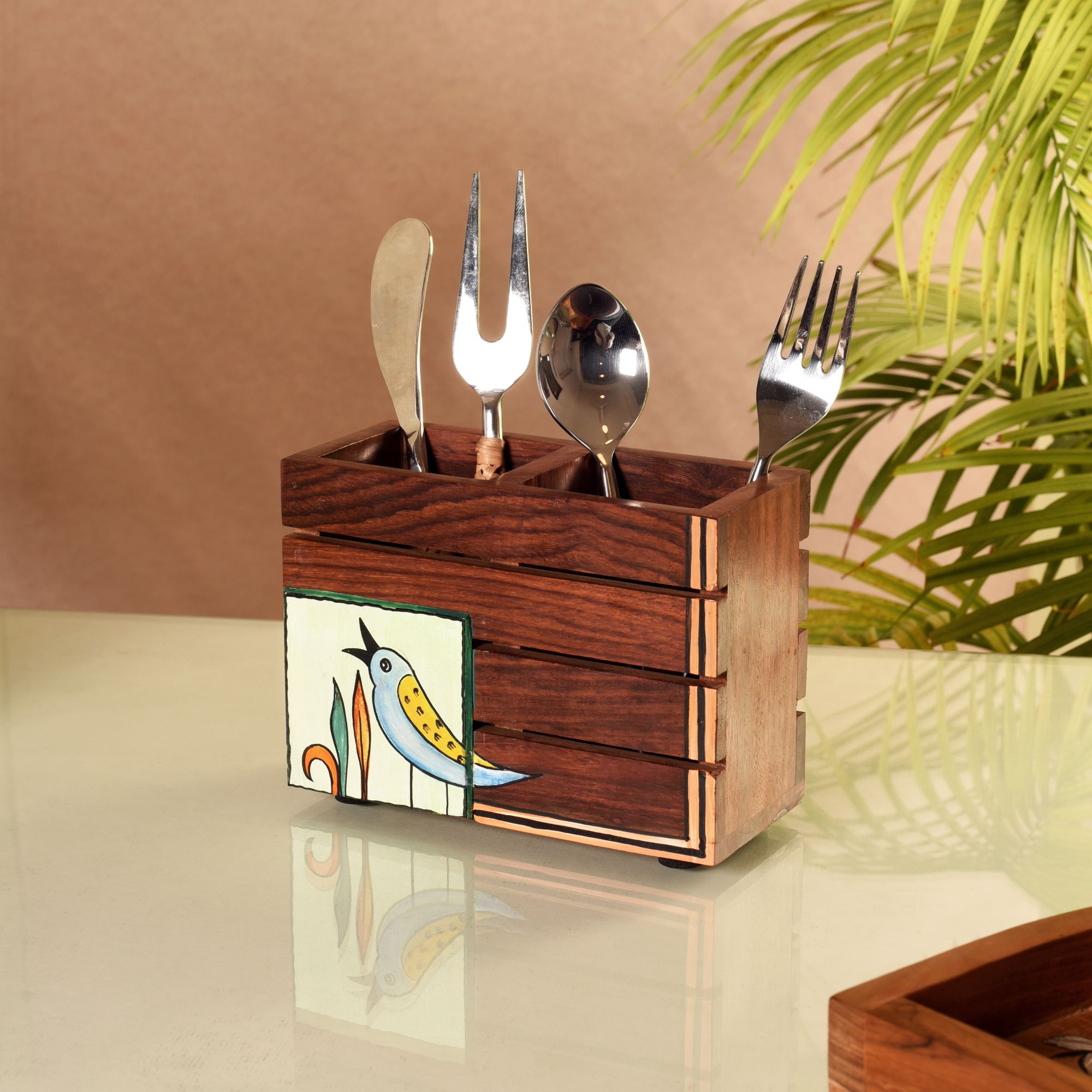 Kyoku Hand Painted Wooden Cutlery Holder, Compact Organizer for Dining Table and Kitchen