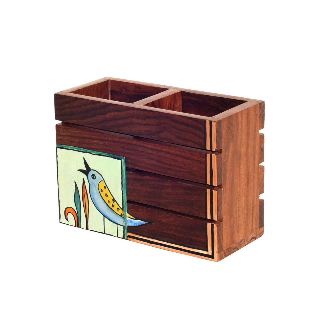Kyoku Hand Painted Wooden Cutlery Holder, Compact Organizer for Dining Table and Kitchen