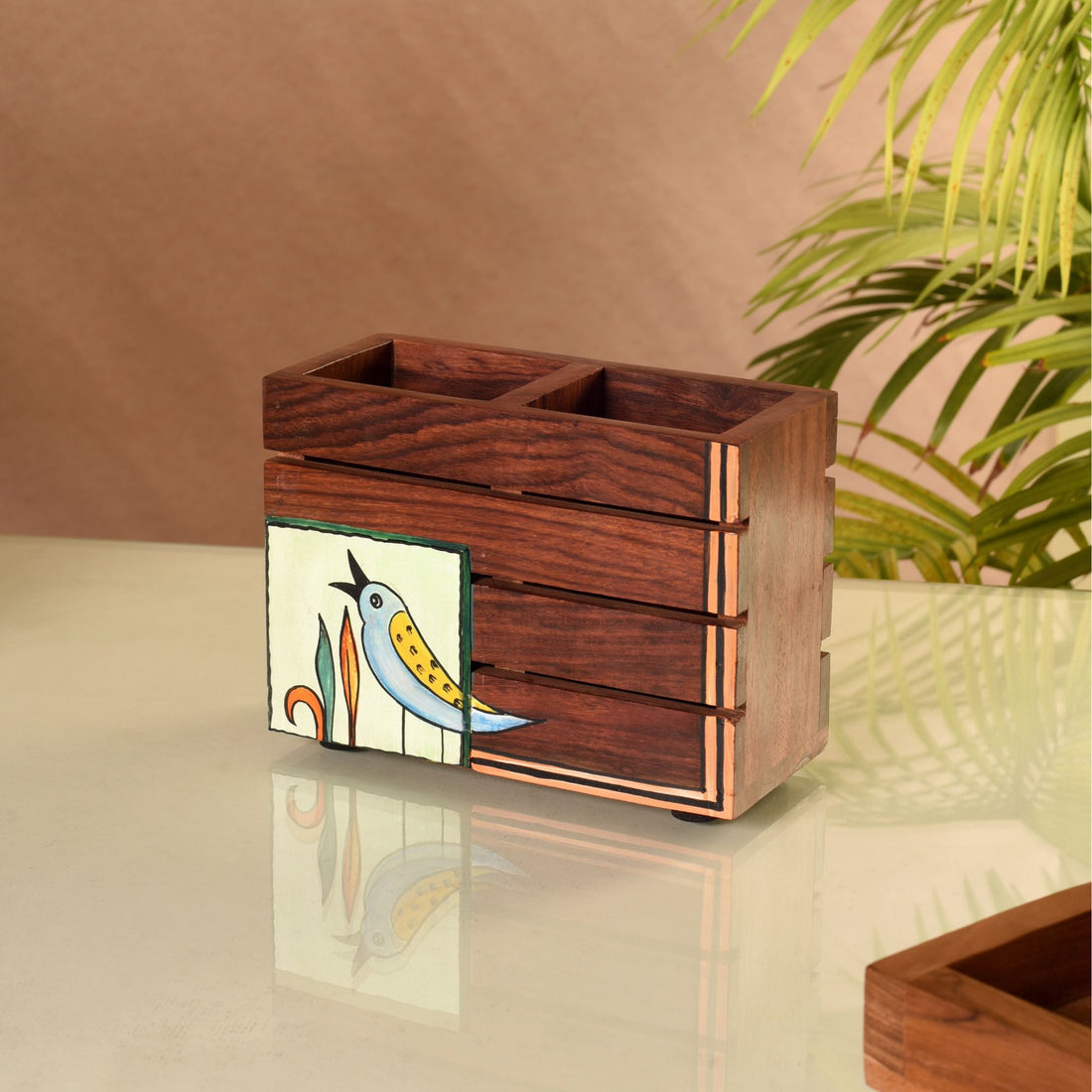 Kyoku Hand Painted Wooden Cutlery Holder, Compact Organizer for Dining Table and Kitchen