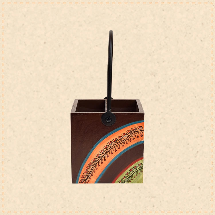 Cutlery Stand with Floral Patterns Handcrafted in Wood with Iron Handle (4x4x8.5)