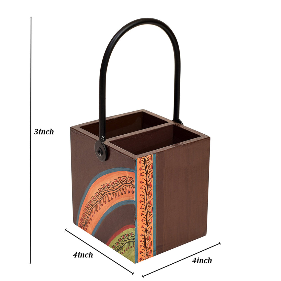 Cutlery Stand with Floral Patterns Handcrafted in Wood with Iron Handle (4x4x8.5)