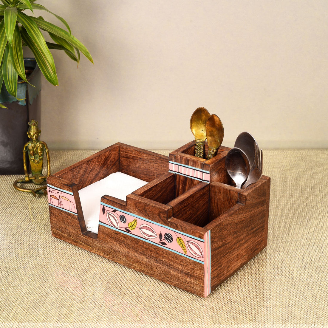 Leafy Charm Wooden Cutlery Holder (10x6x5)