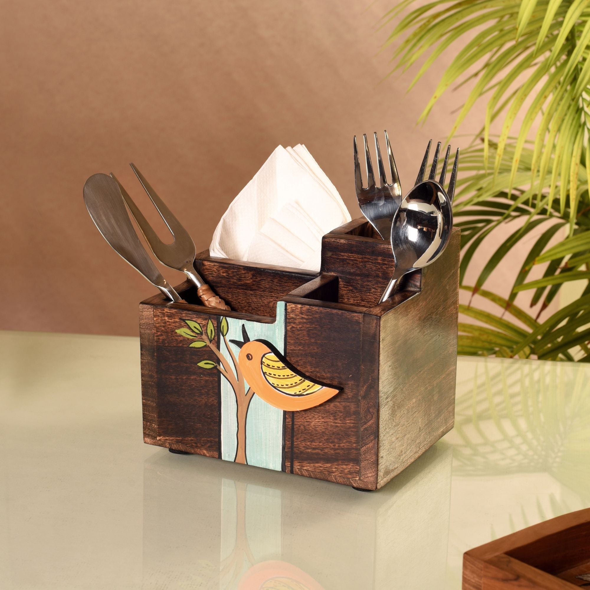 Robin Handcrafted Wooden Cutlery Holder, Elegant Organizer for Kitchen and Dining Table