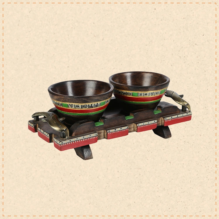 Bowls & Tray in Wood Hand-painted, Fish Handles So3 (11x5)