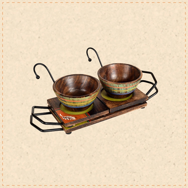 Hook-ed Snack Bowl with Square Tray Two Sets with One Holding Tray (6.5x4x4.5/13.5x4.5)