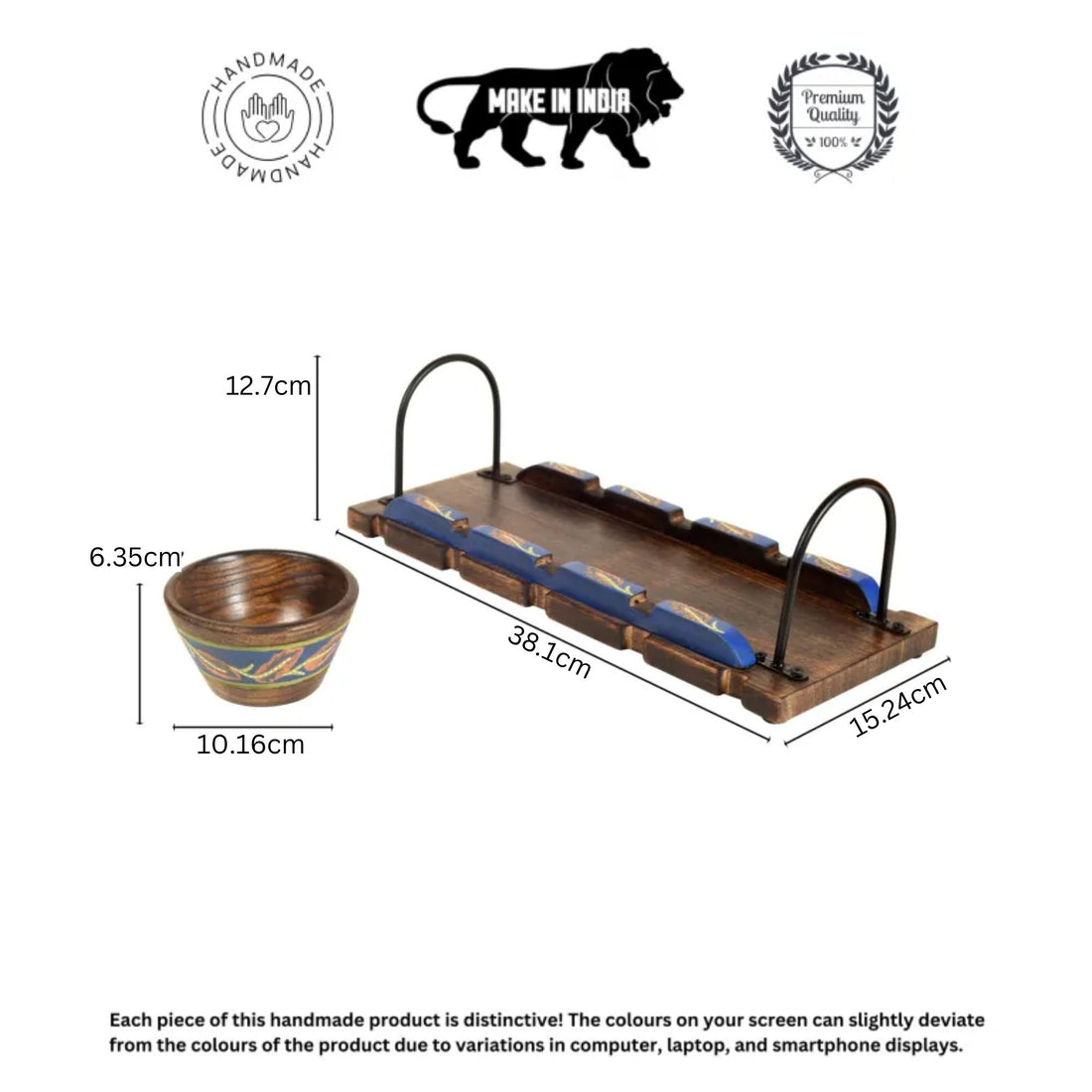Wooden Bowls & Tray Hand-painted, Metal Handles