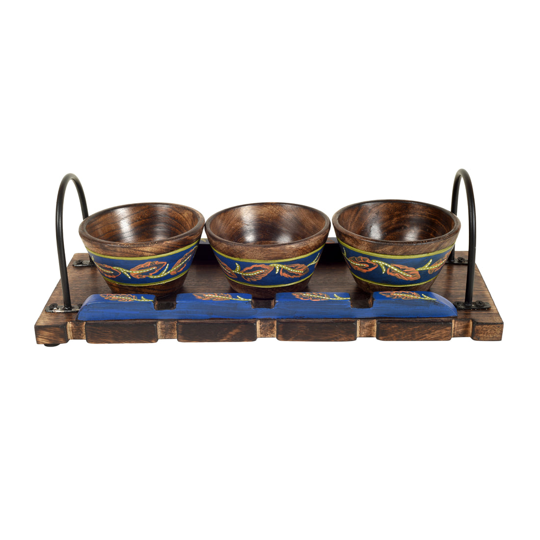 Wooden Bowls & Tray Hand-painted, Metal Handles