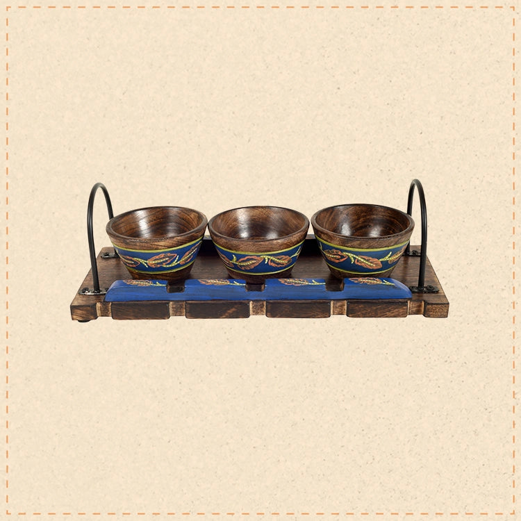 Wooden Bowls & Tray Hand-painted, Metal Handles