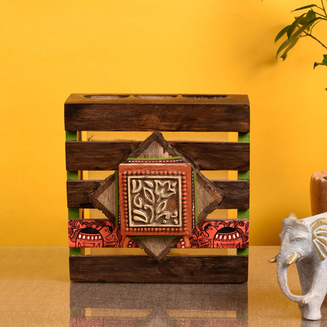 Wall Lamp Handcrafted in Wood with Tribal Motifs (8x2.5x8")