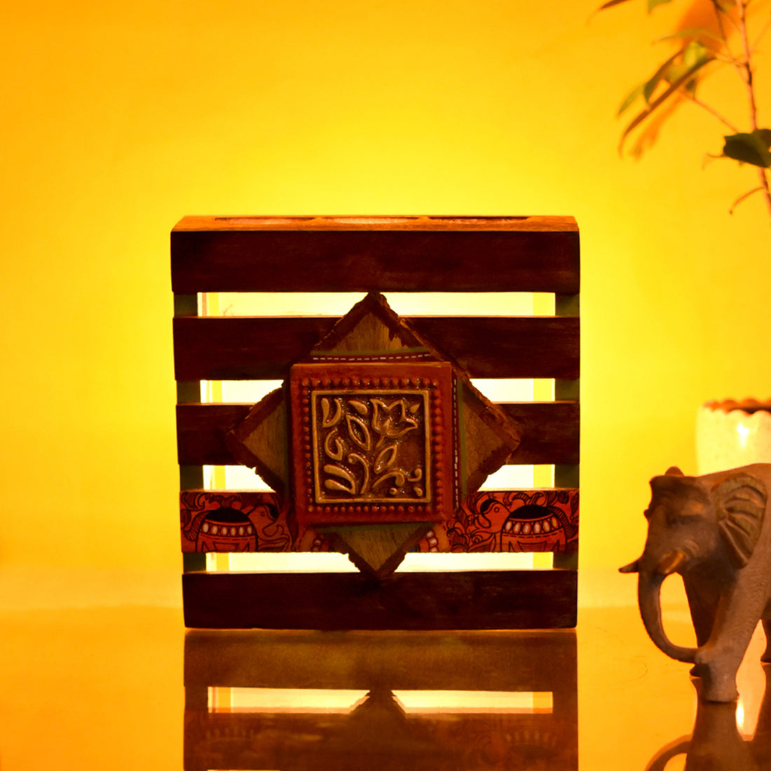 Wall Lamp Handcrafted in Wood with Tribal Motifs (8x2.5x8")