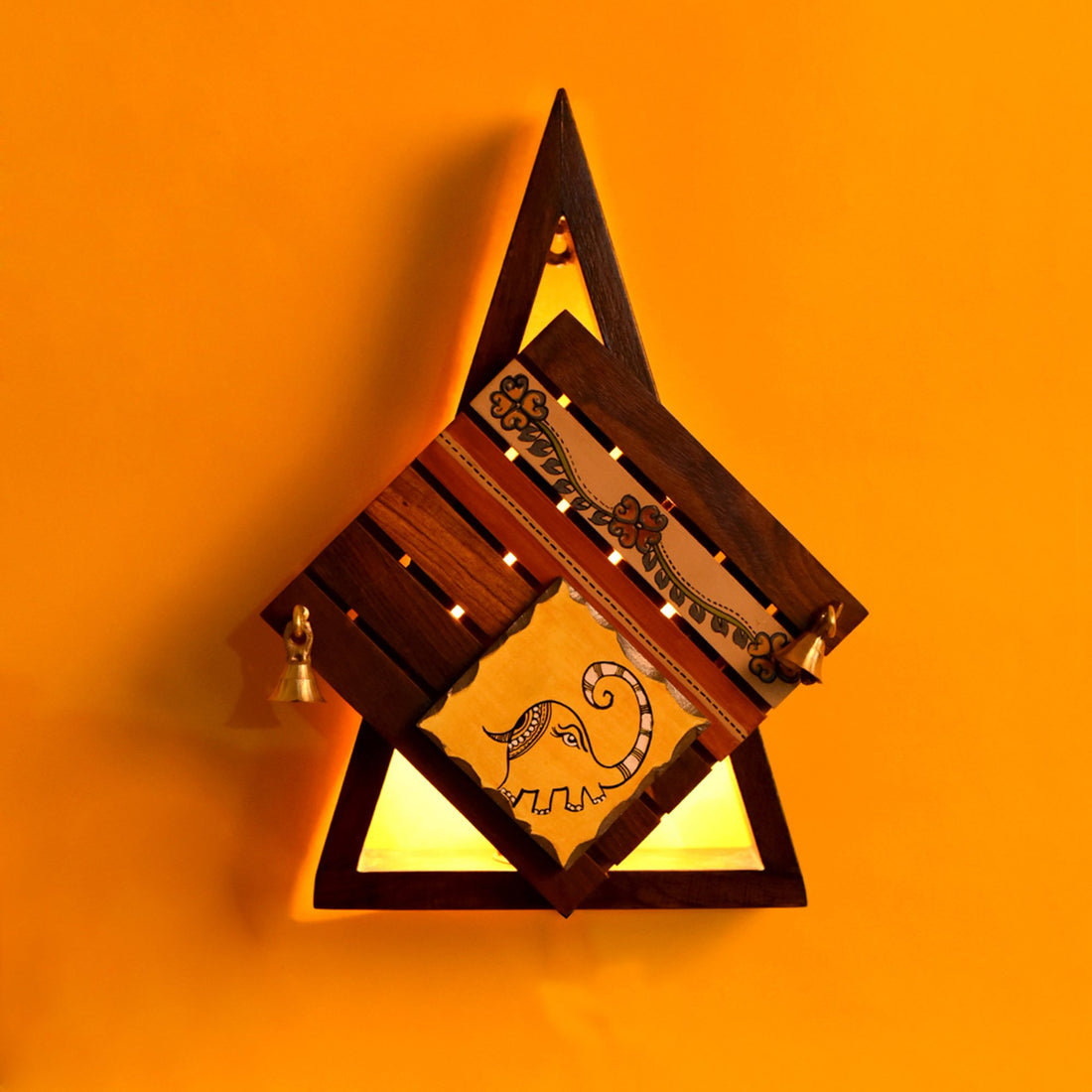 Wall Lamp in Triangular Shape Handcrafted in Wood with Tribal Motifs (8.5x3.5x12.5")