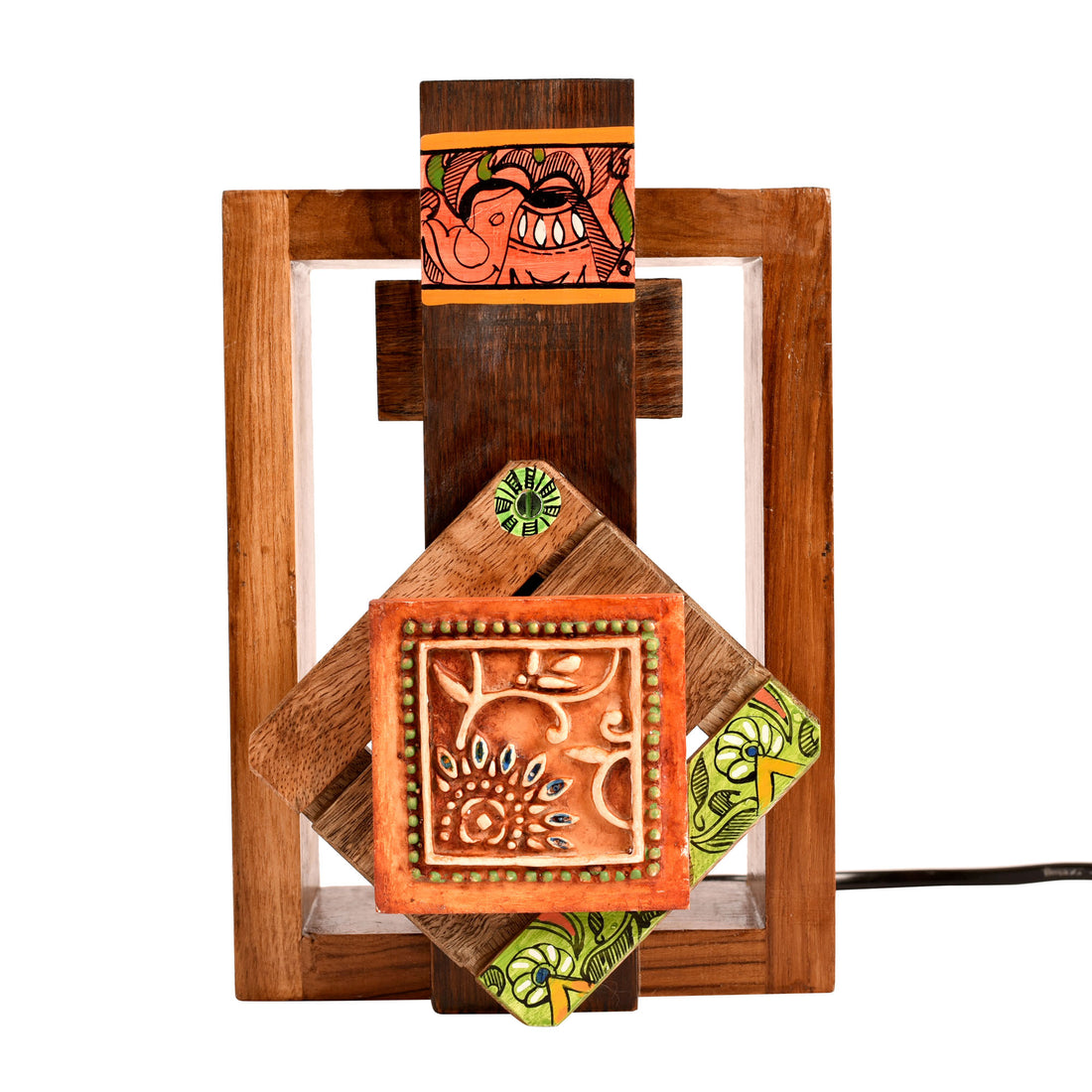 Wall Lamp Handcrafted in Wood with Tribal Motifs (6x4x9")