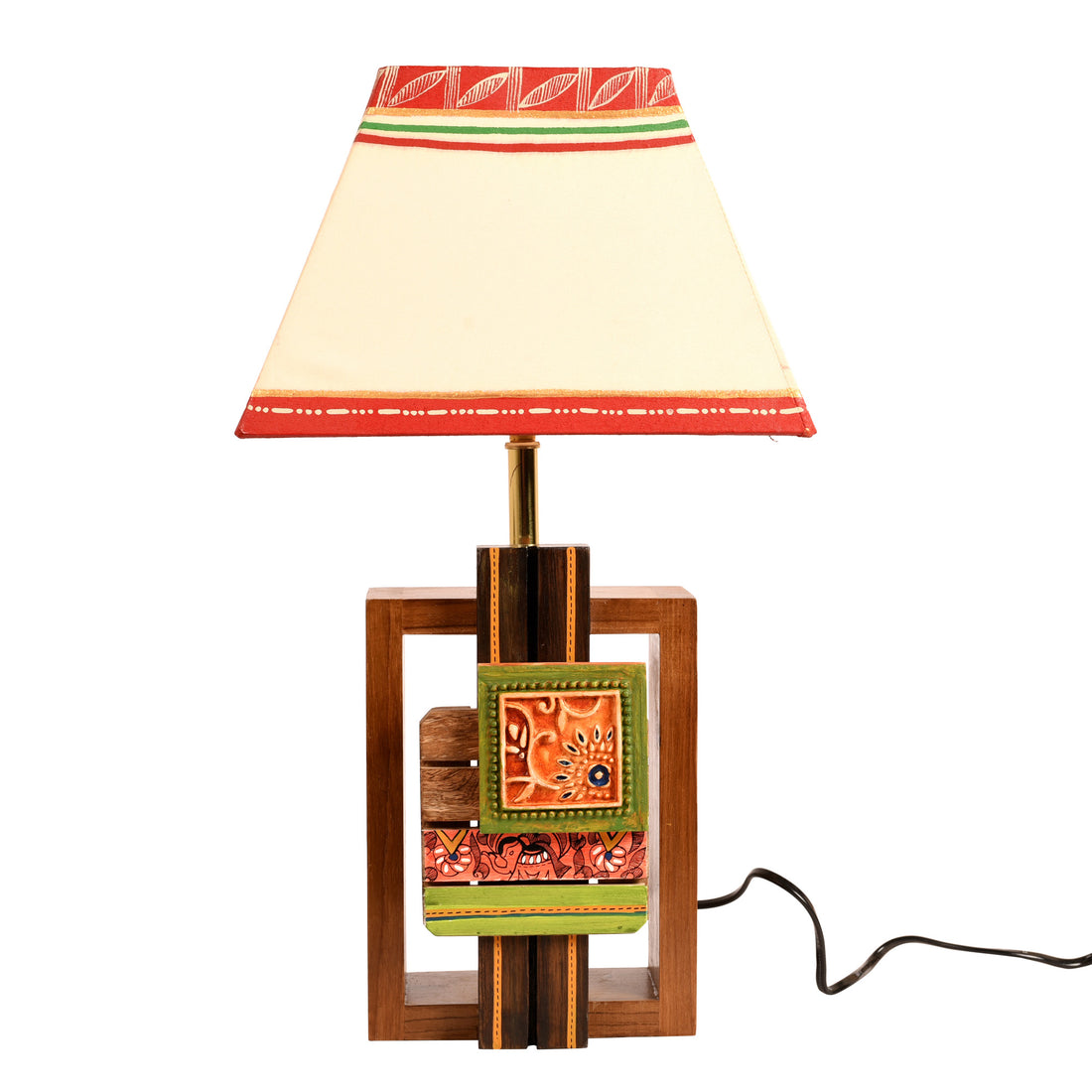 Table Lamp Handcrafted in Wood with Tribal Motifs & White Shade (6x4x12.5")