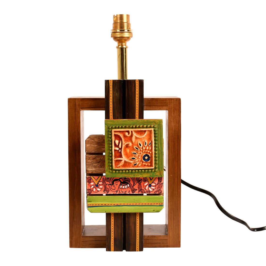 Table Lamp Handcrafted in Wood with Tribal Motifs & White Shade (6x4x12.5")