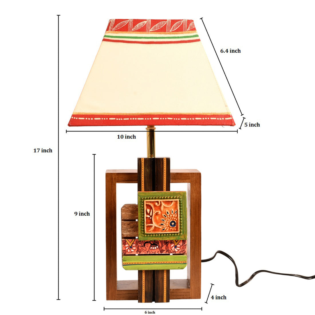 Table Lamp Handcrafted in Wood with Tribal Motifs & White Shade (6x4x12.5")