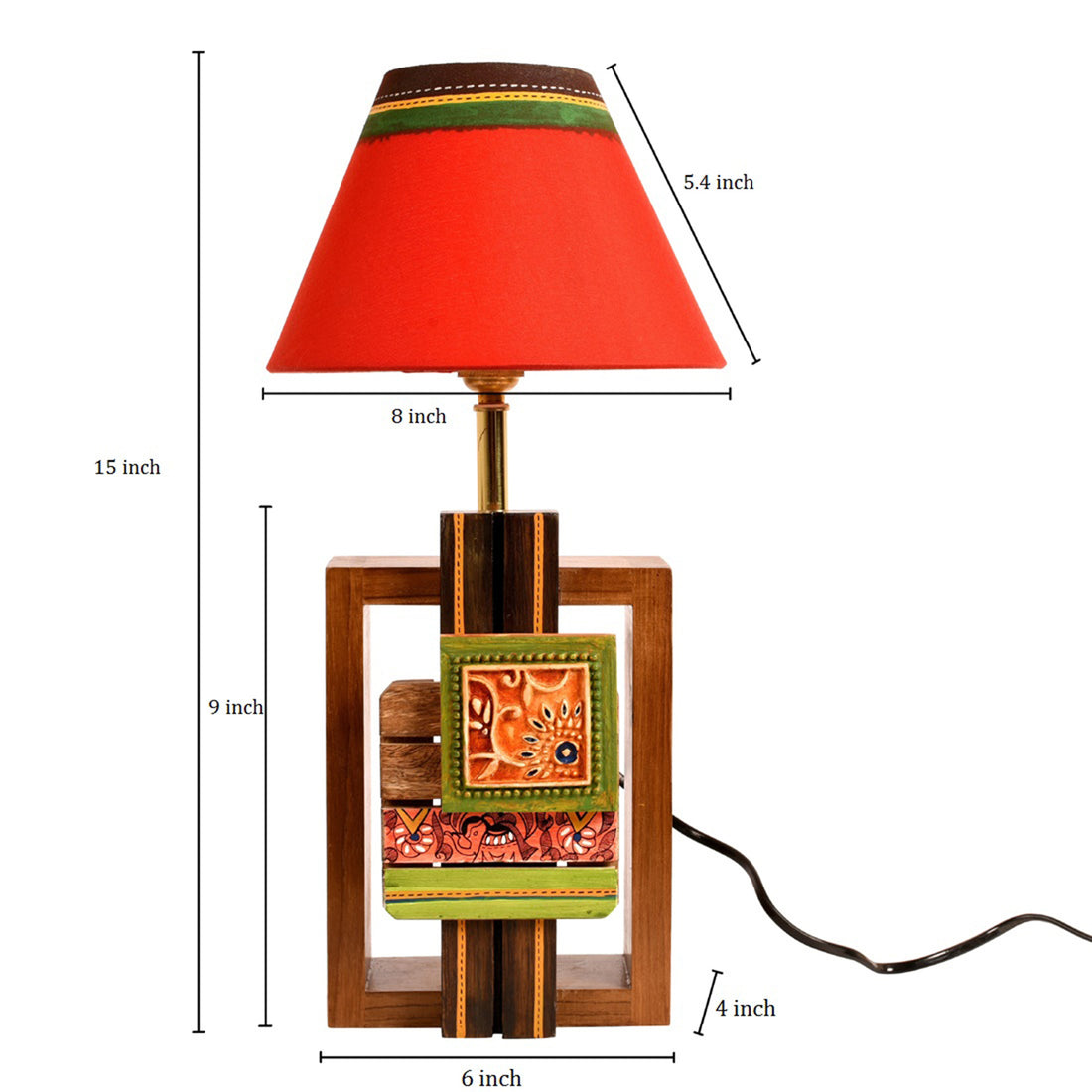 Table Lamp Handcrafted in Wood with Tribal Motifs & Red Shade (6x4x12.5")