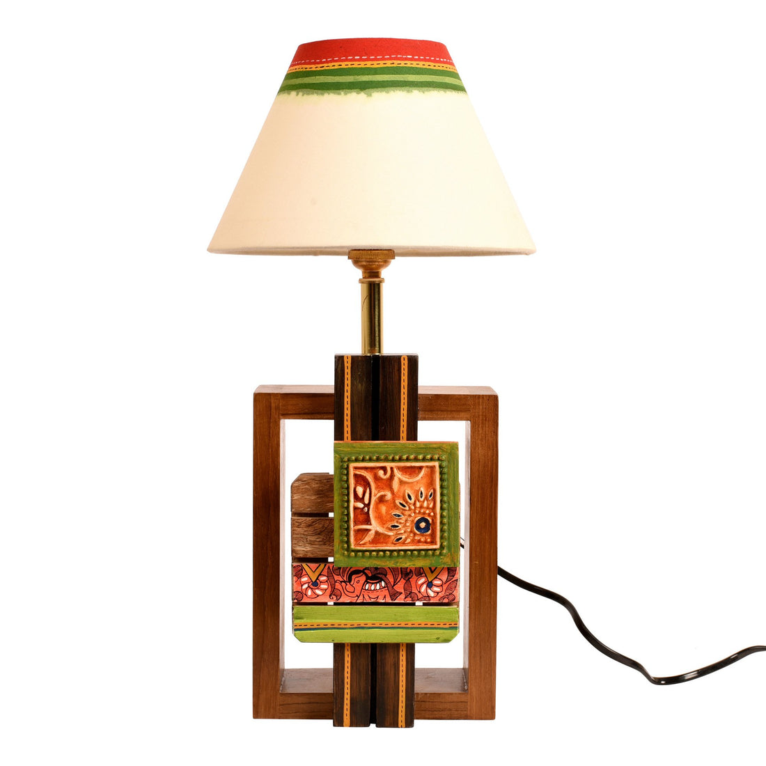 Table Lamp Handcrafted in Wood with Tribal Motifs & White Shade (6x4x12.5")